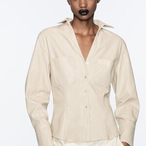 NWT Zara Faux Leather warm blouse tan with button cuffs, v-neck, & front pockets